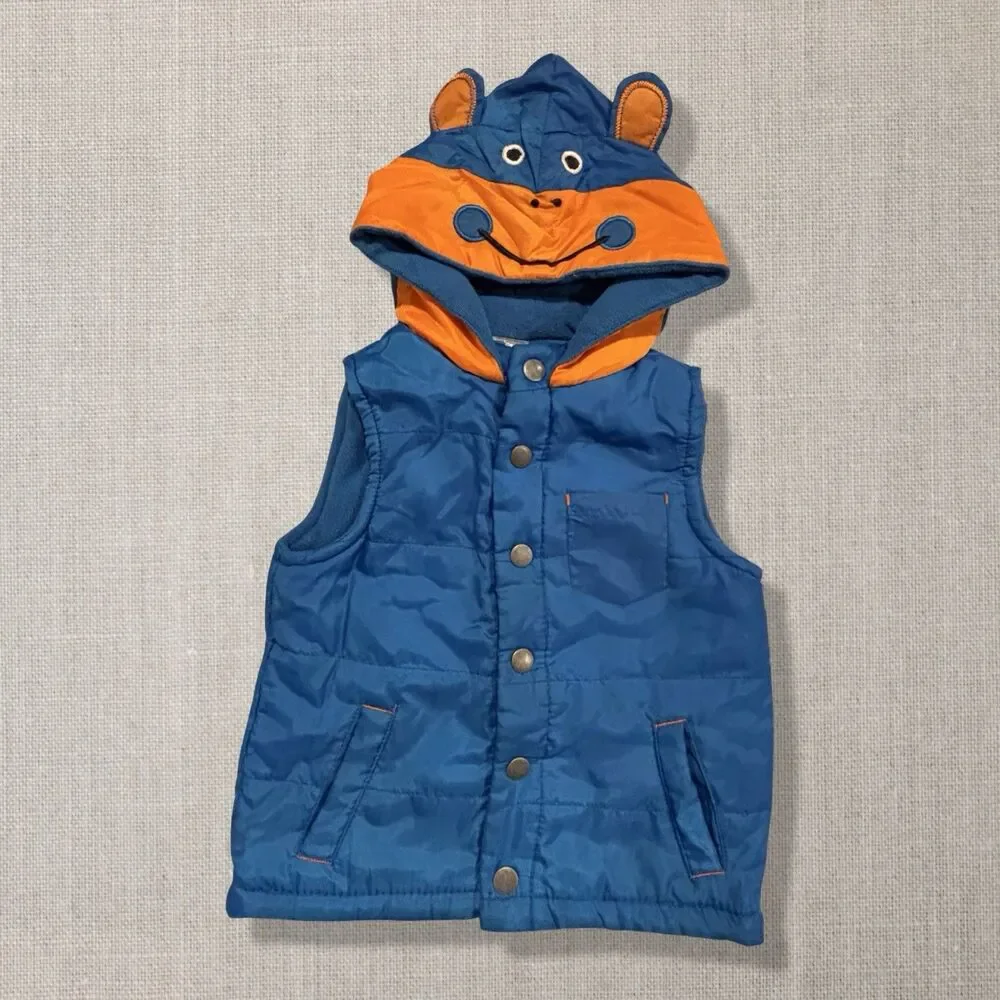 Boys 24M Blue Orange Monkey Hood Puffer Vest Fleece Lined Animal Hood